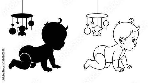 A cute illustration of a baby crawling towards a hanging mobile featuring a monkey toy, showing curiosity.