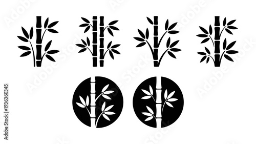 A collection of stylized black bamboo plant icons with stems and leaves in various arrangements.