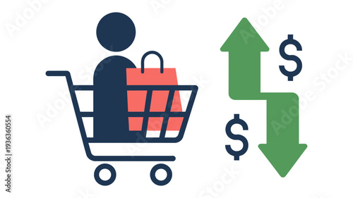 A shopping cart with a person and bag next to dollar signs with contrasting up and down arrows, representing market fluctuations.