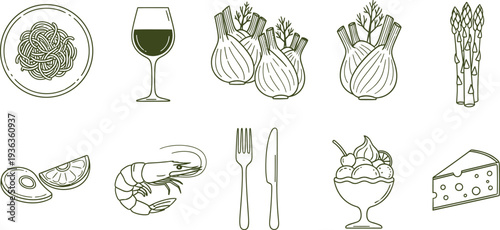 Illustrations of various food and drink items