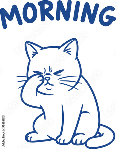 A grumpy cat with a paw on its face and the word 'morning' above it