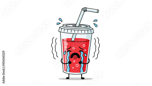 Sad red soft drink cup character with a straw and lid crying with large blue tears and shaking from distress on a clean white background.