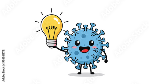 Blue coronavirus cell character with a friendly face holding a glowing yellow lightbulb to represent a creative idea or scientific discovery.