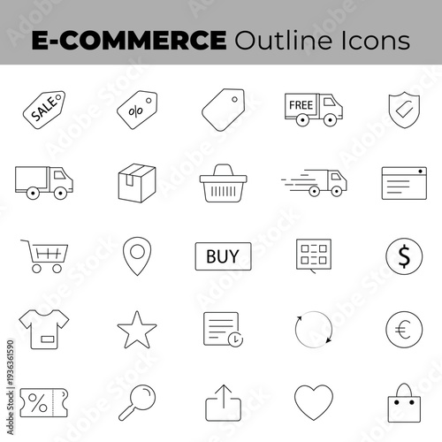 E- Commerce outline Icons created in Adobe Illustrator, including EPS, AI, and high-resolution JPEG files.