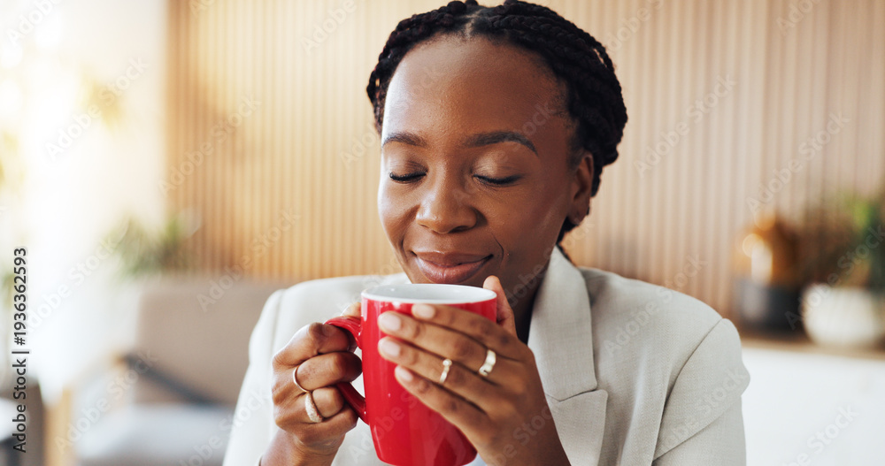 Ταπετσαρία Happy, black woman and coffee with smell for caffeine aroma, start day or essence in home