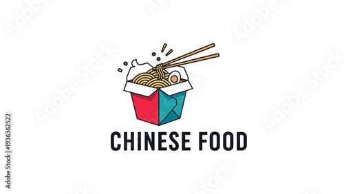Classic Chinese food takeout box filled with delicious noodles and an egg garnished with chopsticks in a simple vector style.