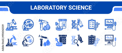 Laboratory Science Icon Collection,  featuring Laboratory Analysis, Microbiology Test, Blood Test, Urine Analysis, Molecular Diagnostics, Genetic Testing, Diagnostic Equipment.