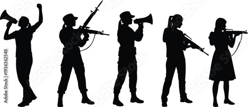 Female Soldier Silhouettes Collection, Women Military Personnel with Rifle and Megaphone Isolated on White Background