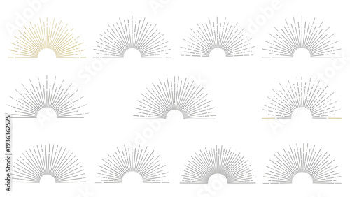Collection of various semi-circular hand drawn sunburst and sunrise design elements for retro branding and decorative graphics.
