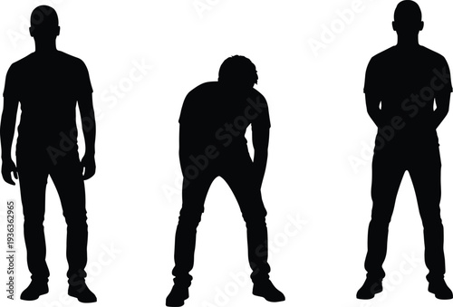 Male silhouettes showing standing and tired bent poses, fatigue, stress, exhaustion, body language, modern lifestyle concept