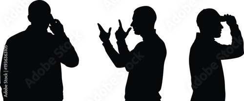 Male silhouettes using hand gestures, communication signals, thinking and vision poses, expressive body language, concept illustration set