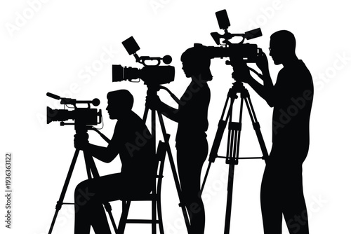 Silhouette of film crew with cameras and equipment on tripods