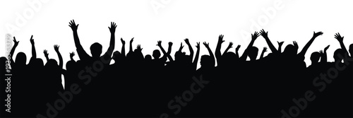 A silhouetted crowd with raised hands suggesting celebration or excitement