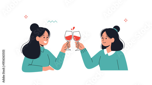 Two cheerful women raising wine glasses to toast for a celebration, friendship, or social gathering event on a white background.