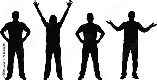 Male silhouettes showing different confident gestures, success, celebration, questioning and leadership poses, body language communication concepts