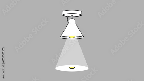 Modern white hanging ceiling lamp casting a focused cone of light on a grey background for interior design and lighting concepts.