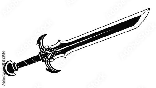 Detailed black and white fantasy sword illustration with a sharp blade and intricate crossguard design suitable for gaming and epic themes.
