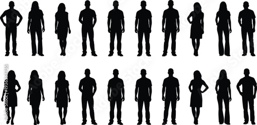 Diverse people silhouettes standing in various poses isolated on white background full body collection