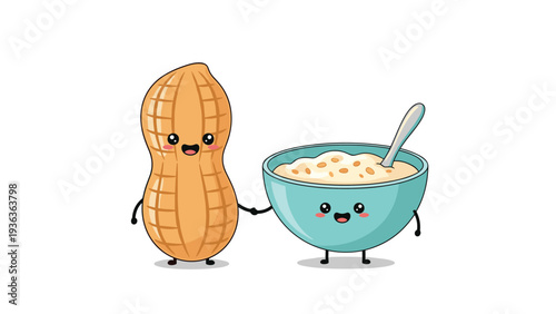 Friendly peanut character shaking hands with a bowl of oatmeal to represent a healthy and nutritious breakfast combination.