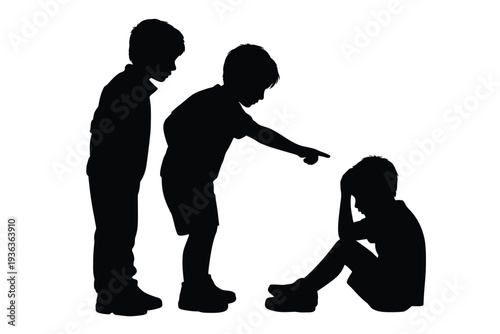 Silhouette of two boys confronting a third seated and appearing upset
