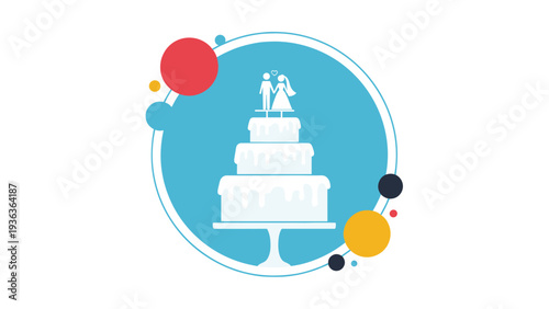 Elegant three-tier wedding cake silhouette with a bride and groom topper set inside a blue circle with abstract dots.