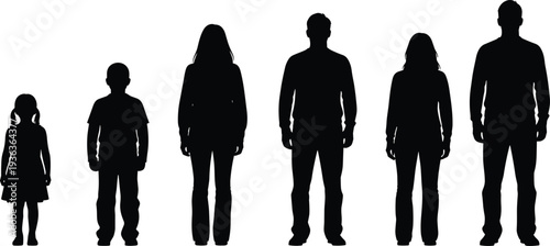 Family growth silhouettes from child to adult isolated on white background life stages concept