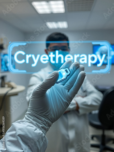 Doctor in medical glove against background of doctor's office with HUD hologram text Cryotherapy. Hand holds futuristic holographic gadget. Medical technology concept of the future