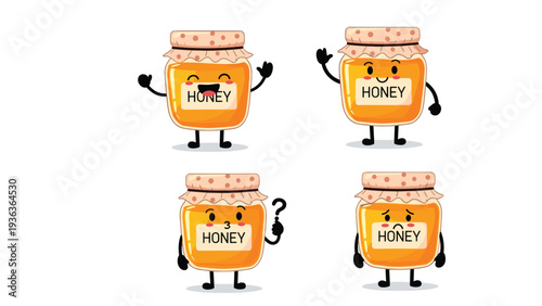 Collection of honey jar cartoon characters showing a range of friendly and emotional expressions from joy to sadness.