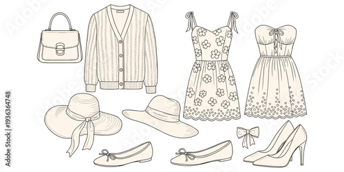 Women’s fashion illustration set, black white clothing design, handbag cardigan motif, dress hat artwork, ballet flat shoe symbol, decorative motif, flat vector drawing