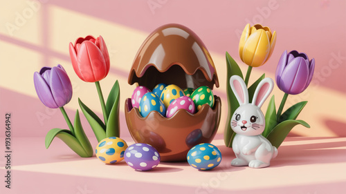 Easter themed illustration with chocolate egg tulips and white bunny on pastel pink background with soft lighting and colorful eggs