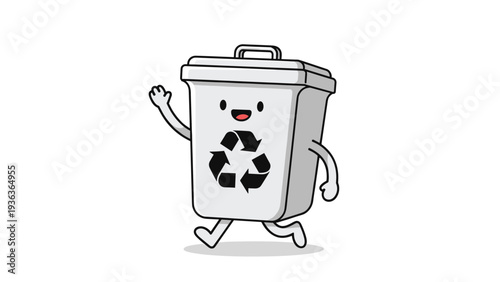 Smiling trash can character with a recycling logo walks and waves its hand to encourage eco-friendly habits and proper waste disposal in a cute cartoon style.