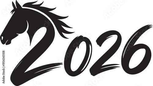 Bold 2026 Calligraphy Text with Stallion Head Profile for Professional Equestrian Sports and New Year Identity