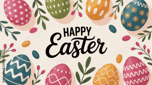 Colorful easter eggs with happy easter text on cream background with leaves and candy