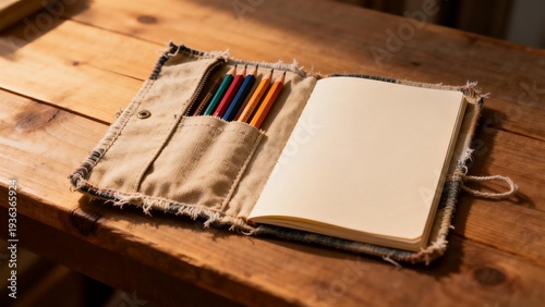 Art kit with pencils and notebook on wooden table