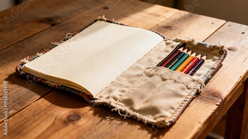 Colorful pencils in a fabric case on wooden table