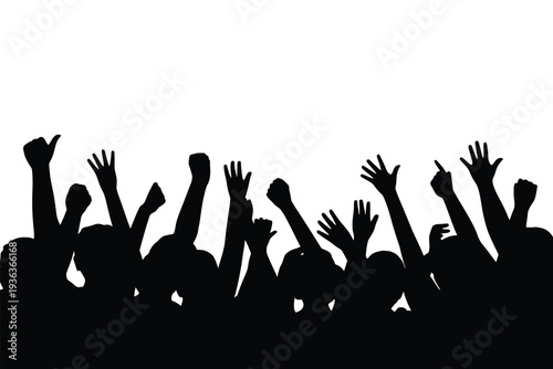 A crowd of silhouetted people raising their hands in a celebratory gesture