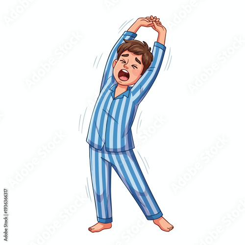Young Man Stretching in Pajamas Morning Wake up Routine