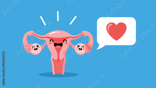 Happy cartoon uterus character with a heart speech bubble representing reproductive health and female wellness.