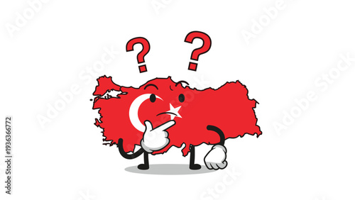 Thinking map of Turkey cartoon character with a flag texture and question marks on a white background.