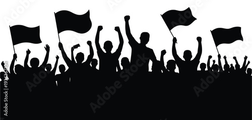 A crowd of silhouetted people waving flags and raising their arms in celebration