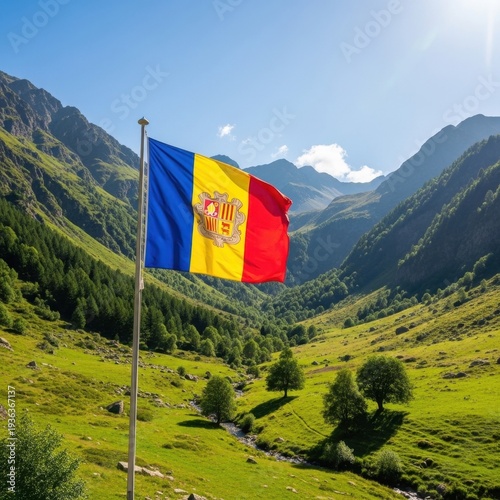 Obraz na płótnie Andorran Flag in the Pyrenees Valley