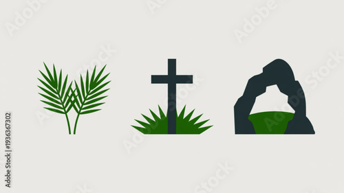 Easter symbols palm tree cross and empty tomb on green grass