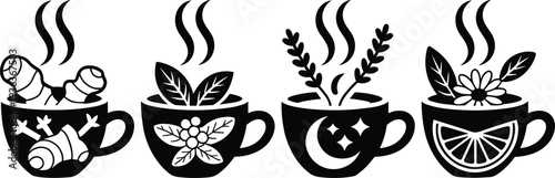Herbal Tea Cup Icons Set, Hot Drink with Ginger, Mint and Lemon Solid Vector Symbols Isolated on White Background