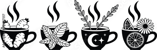 Herbal Tea Cup Silhouette Icons Set, Hot Drink with Ginger, Mint and Lemon Vector Illustration Isolated on White Background