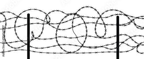 A stark black and white illustration of barbed wire fencing with metal posts
