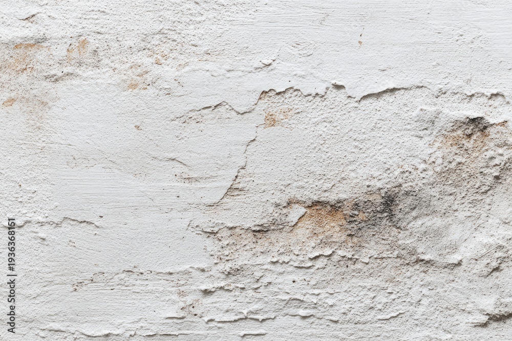 Fototapeta premium Close-up of peeling, cracked, and distressed white painted surface revealing layered texture