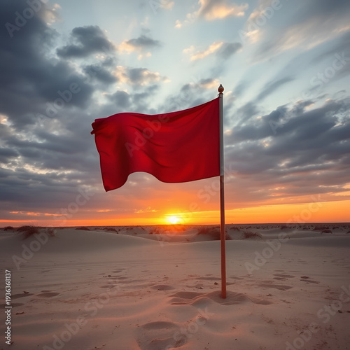 Broken flagpole in sandy ground with retreating footprints, sunset symbolic of surrender. inspiring travel planning.