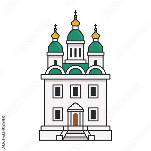 Orthodox church with green domes and golden crosses. Christian temple architecture. Illustration. Easter holiday symbol and religious landmark isolated on white background.