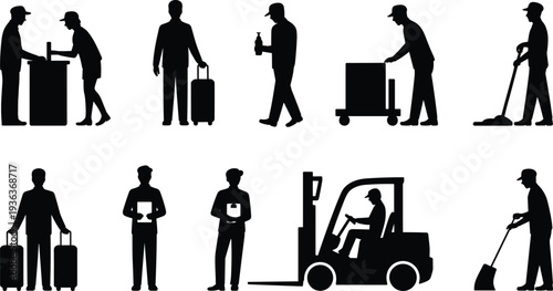 Hotel and warehouse service worker silhouettes with luggage, forklift driver, cleaning staff and delivery personnel vector illustration isolated on white