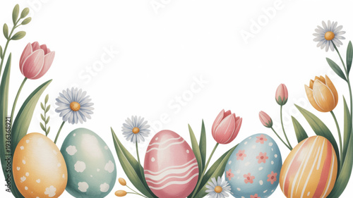 Colorful easter eggs with floral decorations on white background springtime celebration